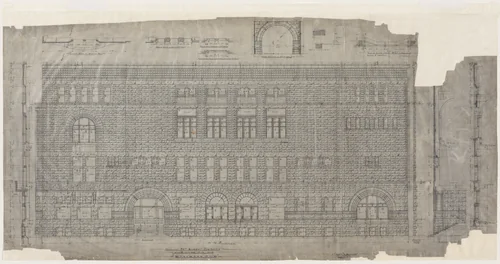 Revised 24th Street Elevation for Standard Club, Chicago, Illinois, Details and Sections by Adler & Sullivan, drawing, 1886-1890