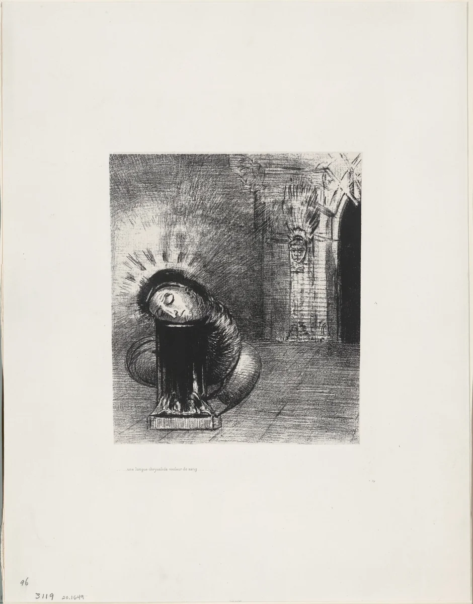 A Long Chrysalis, the Color of Blood, plate 2 of 6 by Odilon Redon, print, 1889