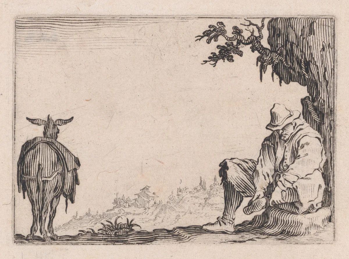 Le Paysan se Déchaussant (The Peasant Removing his Shoes), from "Les Caprices" Series B, The Nancy Set by Jacques Callot, print, 1617-1620