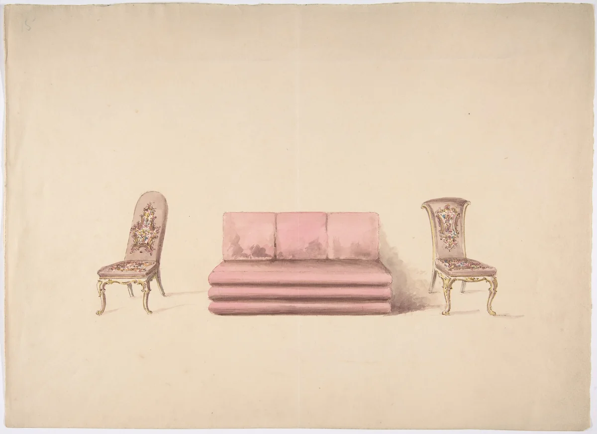 Design for a Pink Sofa and Two Mauve Chairs by anonymous, drawing, 1800-1850