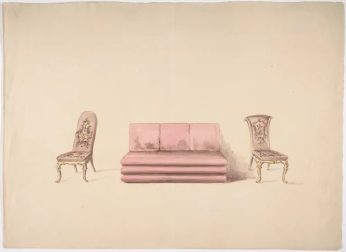 Design for a Pink Sofa and Two Mauve Chairs by anonymous, drawing, 1800-1850
