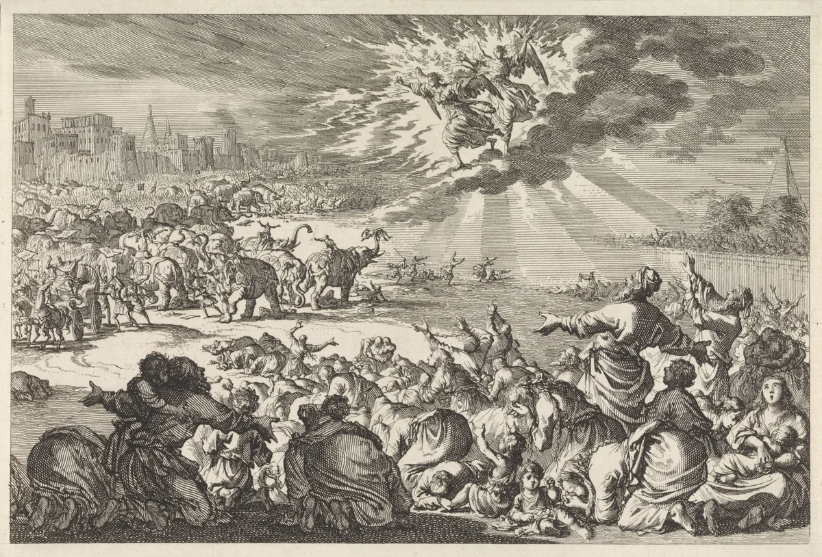 Twee engelen jagen de olifanten van Ptolemaeus Philopator weg by Jan Luyken, print, 1700