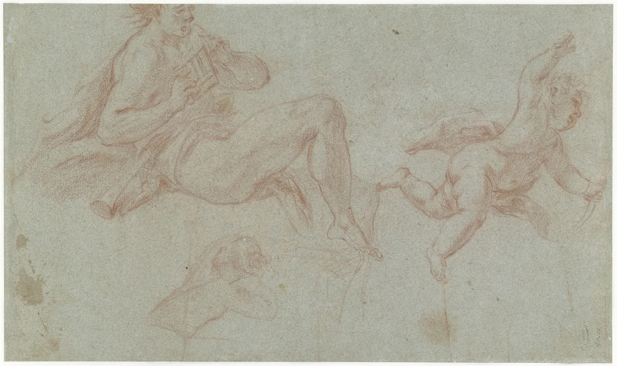 Studie van een fluitspelende man, van opzij by Francesco Trevisani, drawing, 1685-1695