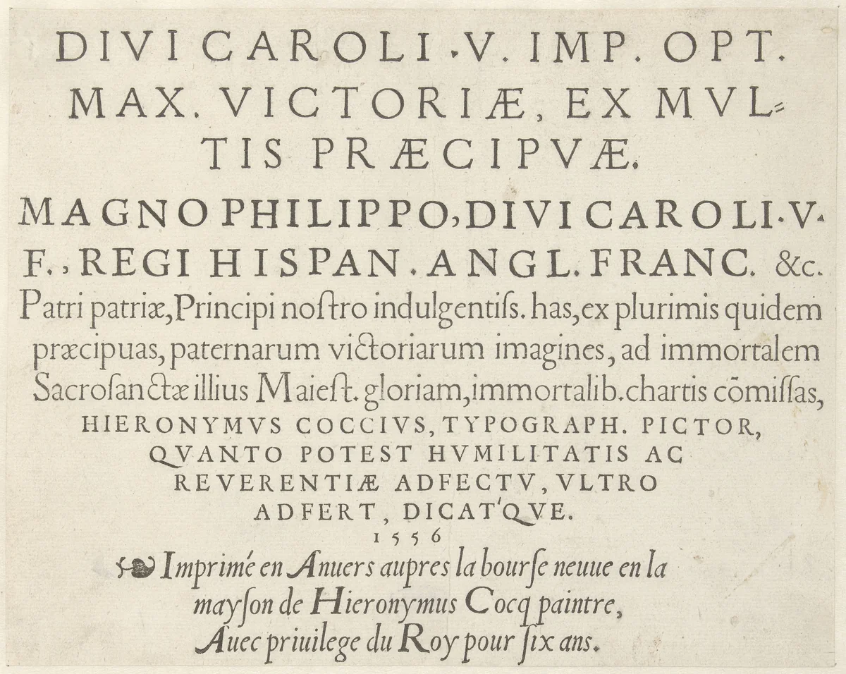 Titelprent voor een reeks over de overwinningen van Karel V by Unknown, print, 1556