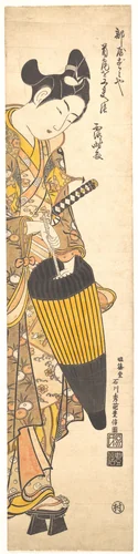 Young Man Moving Toward the Right on High Geta and Opening His Umbrella by Ishikawa Toyonobu, print, 1735-1755