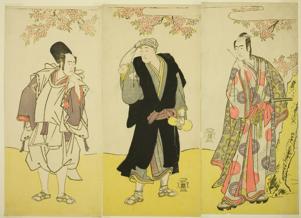 The Actors Sawamura Sojuro III as Kusunoki Tatewaki Masatsura (right), Onoe Matsusuke I as the Monk Sahei Bozu (center) and Ichikawa Yaozo III as the Prince's Servant Kusunoki Uraminosuke (left), in the Play Kumoi no Hana Yoshino no Wakamusha, Performed at the Nakamura Theater in the Eleventh Month, 1786 by Katsukawa Shunsho (勝川 春章), print, 1781-1791