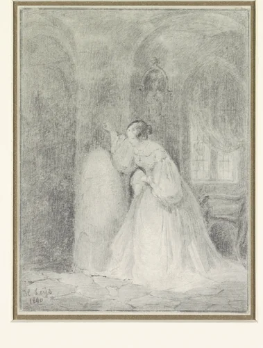 Interieur met jonge vrouw steunend tegen een zuil by Henri Leys, drawing, 1840