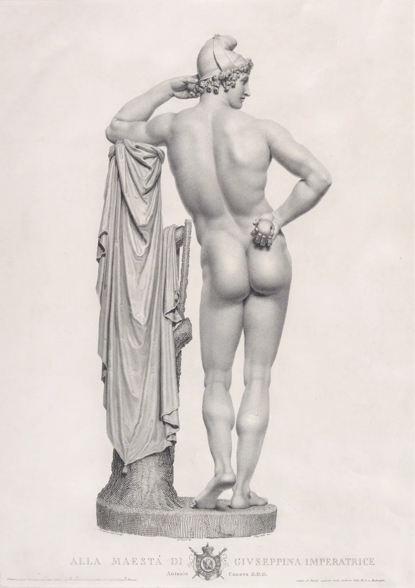 Paris leaning on tree stump, back view, from "Oeuvre de Canova: Recueil de Statues..." by Angelo Testa, print, 1817