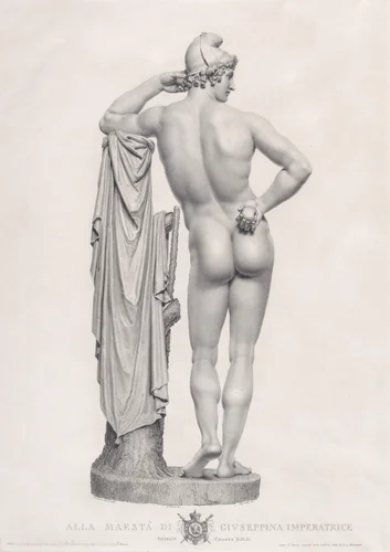 Paris leaning on tree stump, back view, from "Oeuvre de Canova: Recueil de Statues..." by Angelo Testa, print, 1817