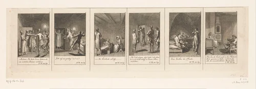 Zes voorstellingen uit Smolletts Peregrine Pickle by Daniel Nikolaus Chodowiecki, print, 1785