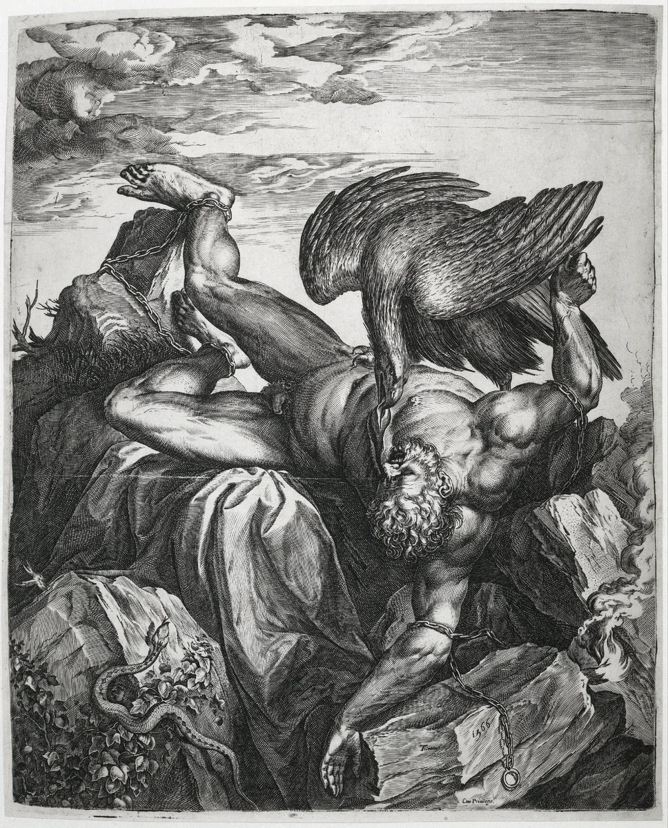 Prometheus aan de rotsen van de Kaukasus geketend / Tityus in de hel by Cornelis Cort, print, 1566