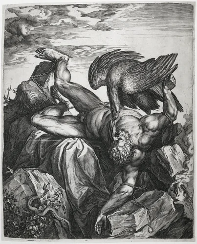 Prometheus aan de rotsen van de Kaukasus geketend / Tityus in de hel by Cornelis Cort, print, 1566