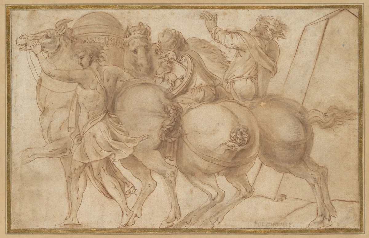 Frieze with Three Horsemen by Polidoro da Caravaggio, drawing, 1530-1539