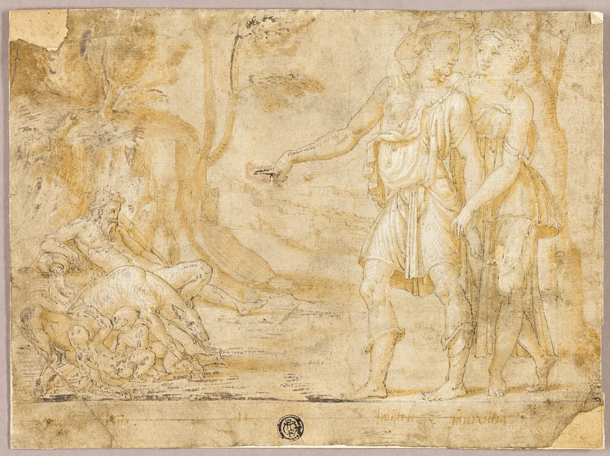Faustulus and Merentia Discover Romulus and Remus by School of Fontainebleau, drawing, 1500-1599