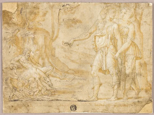 Faustulus and Merentia Discover Romulus and Remus by School of Fontainebleau, drawing, 1500-1599