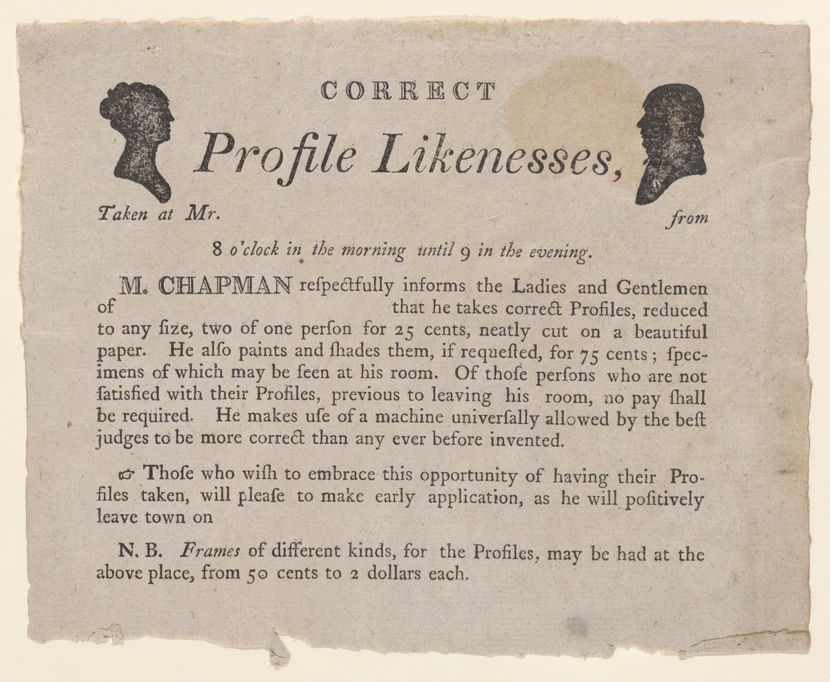 Advertisement for profile likenesses by Moses Chapman by anonymous, print, 1803-1821