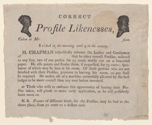 Advertisement for profile likenesses by Moses Chapman by anonymous, print, 1803-1821