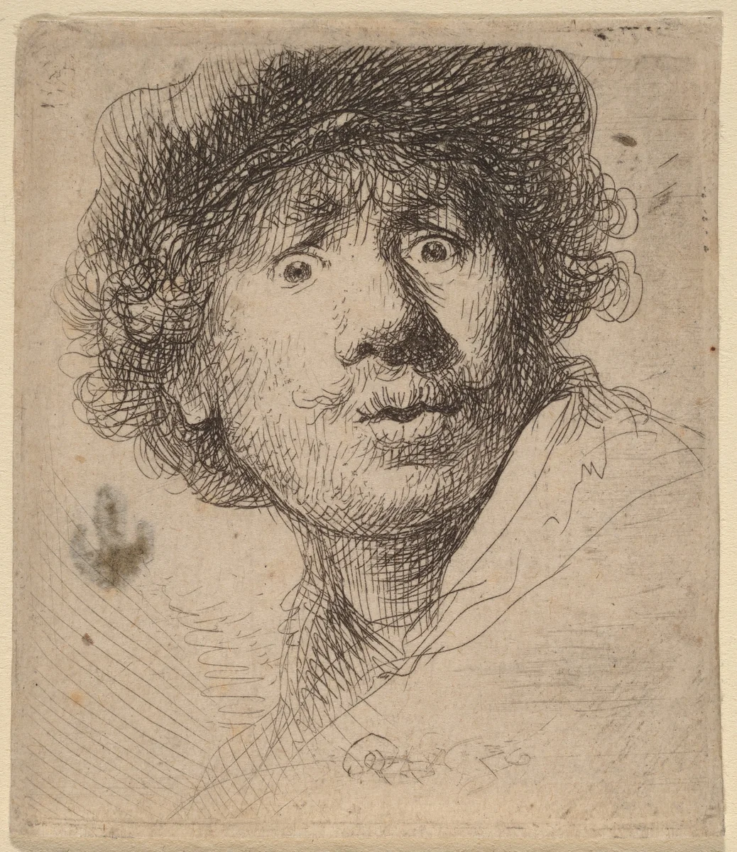 Self-Portrait in a Cap, Open-Mouthed by Rembrandt van Rijn, print, 1630