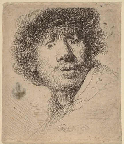 Self-Portrait in a Cap, Open-Mouthed by Rembrandt van Rijn, print, 1630