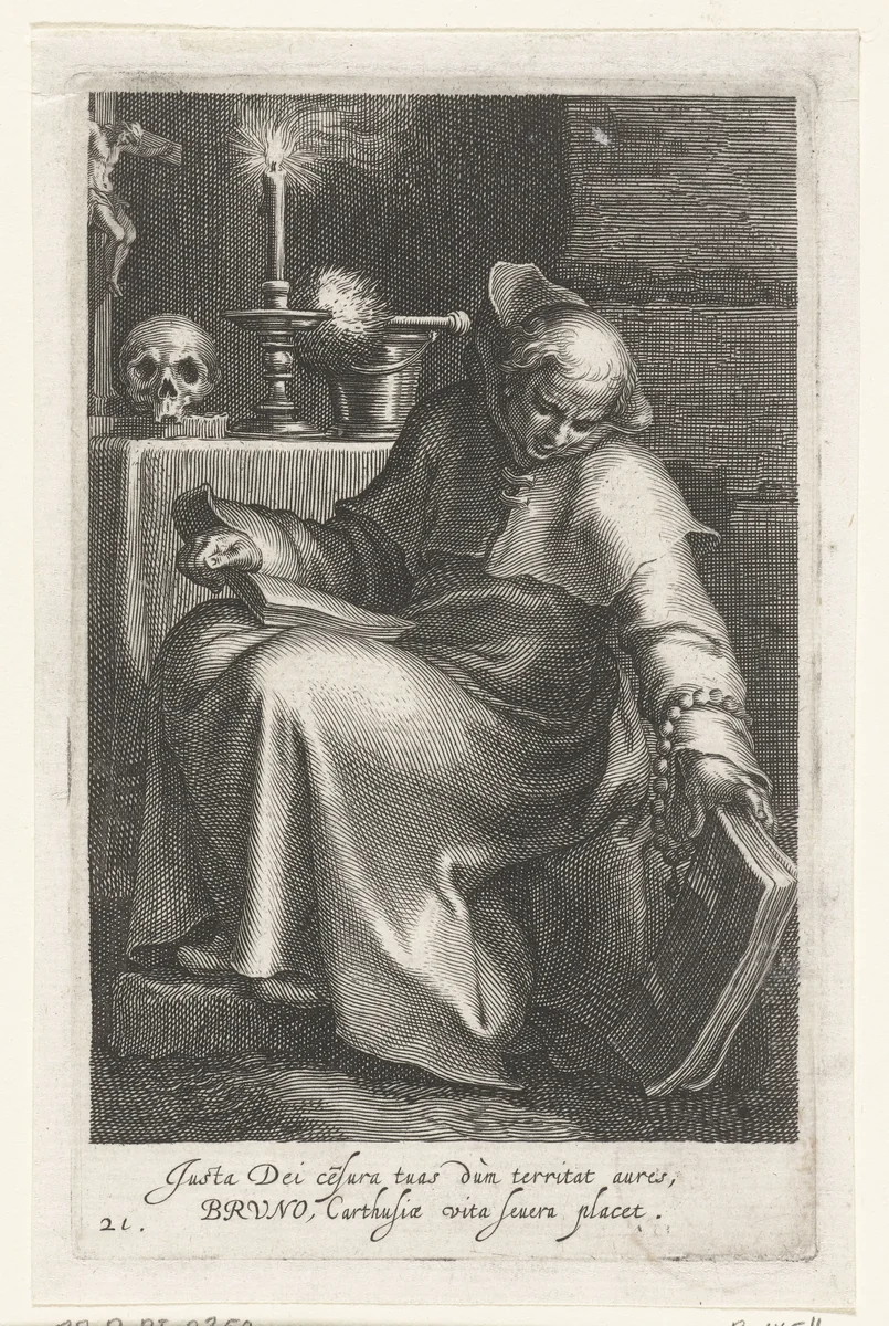 Heilige Bruno de Kartuizer als kluizenaar by Boëtius Adamsz. Bolswert, print, 1590-1612