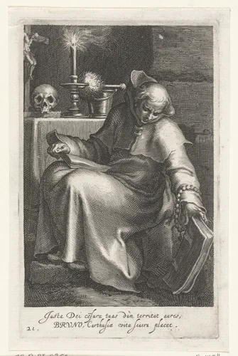 Heilige Bruno de Kartuizer als kluizenaar by Boëtius Adamsz. Bolswert, print, 1590-1612