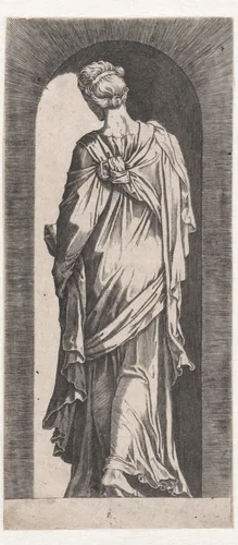 Sibille op de rug gezien met het hoofd naar links geneigd by Lambertus Suavius, print, 1520-1567