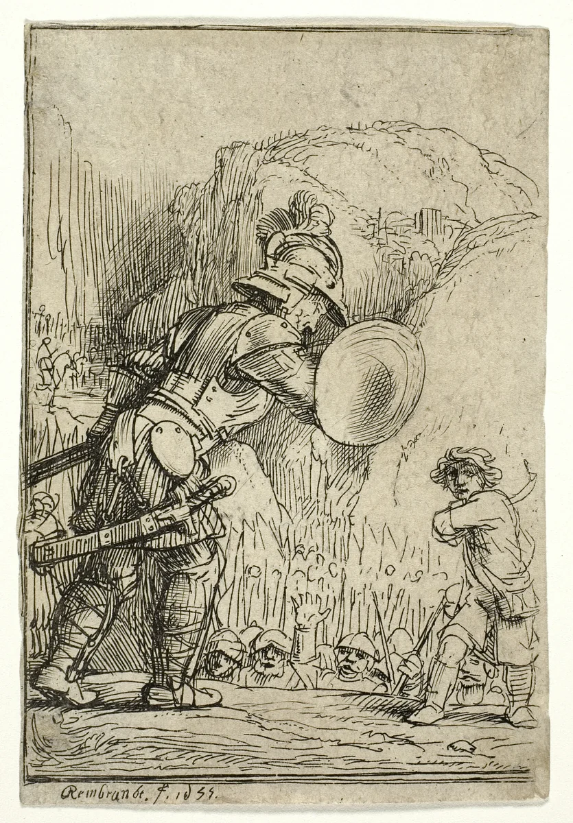 David and Goliath by Rembrandt van Rijn, print, 1655