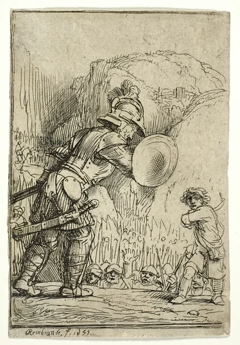 David and Goliath by Rembrandt van Rijn, print, 1655