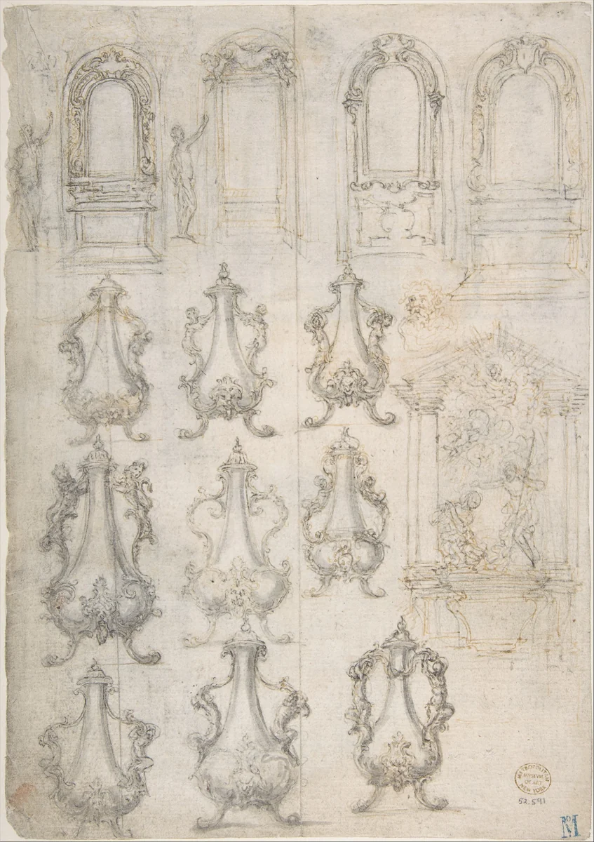 Studies for Coffee Urns, Arched-top Altars, and an Altar Project for the Baptistery of Florence Cathedral (recto); Studies for Chapels and Portals (verso) by Giovanni Battista Foggini, drawing, 1652-1725