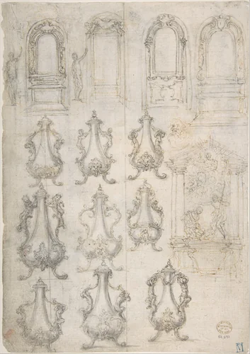 Studies for Coffee Urns, Arched-top Altars, and an Altar Project for the Baptistery of Florence Cathedral (recto); Studies for Chapels and Portals (verso) by Giovanni Battista Foggini, drawing, 1652-1725