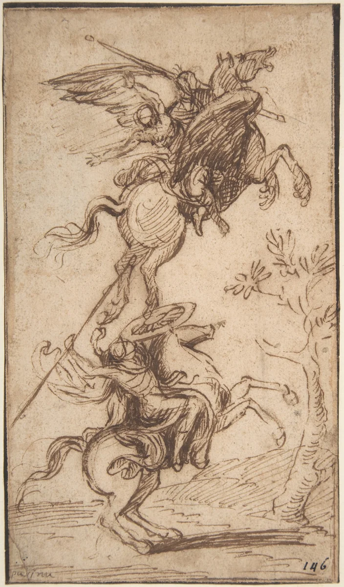 The Sorcerer Atlante Abducting Pinabello's Lady (Ariosto, Orlando Furioso, canto II, 38) by Nicolas Poussin, drawing, 1630-1643