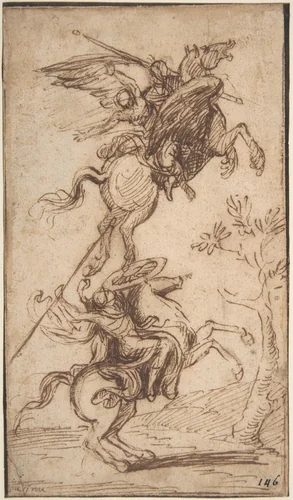 The Sorcerer Atlante Abducting Pinabello's Lady (Ariosto, Orlando Furioso, canto II, 38) by Nicolas Poussin, drawing, 1630-1643