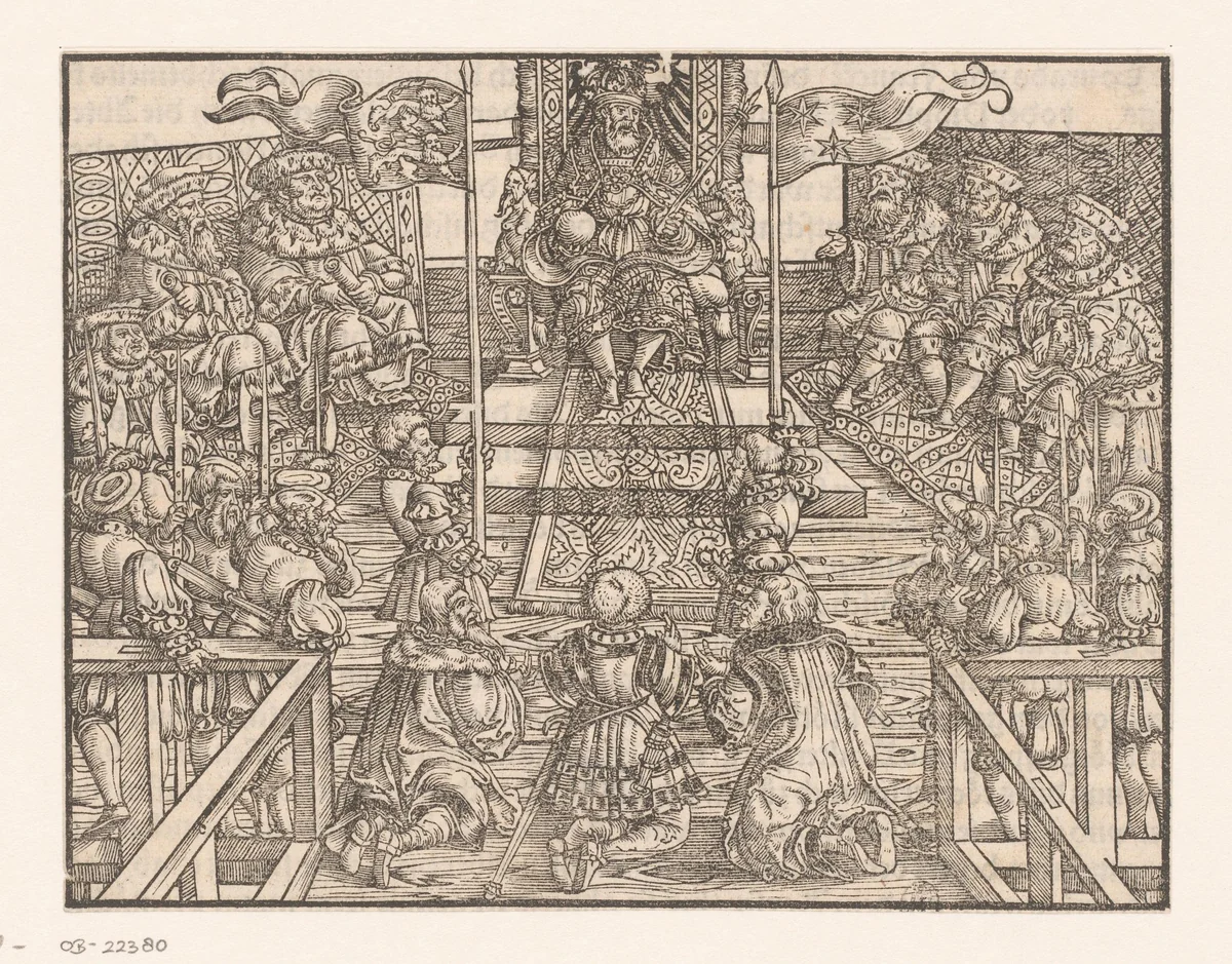 Habsburgse vorst op een troon, omgeven door raadsheren, ontvangt een delegatie by anonymous, print, 1500-1599