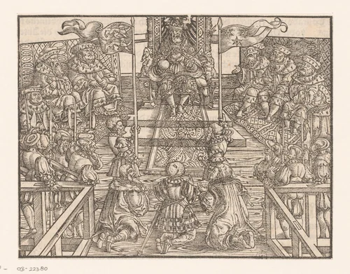 Habsburgse vorst op een troon, omgeven door raadsheren, ontvangt een delegatie by anonymous, print, 1500-1599