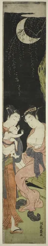 Young Couple with Infant Son on a Moonlit Night by Isoda Koryusai, print, 1765-1775
