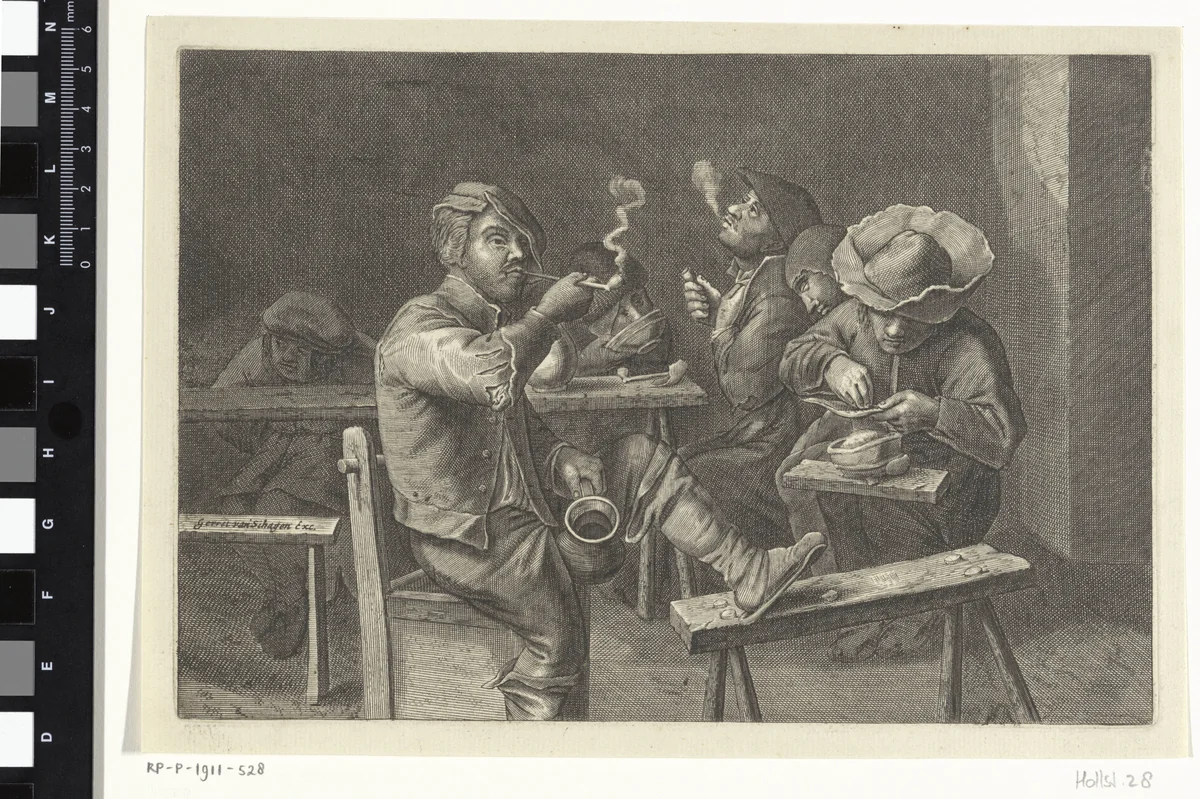 Rokende boeren rond een tafel by Gerrit Lucasz van Schagen, print, 1656-1690