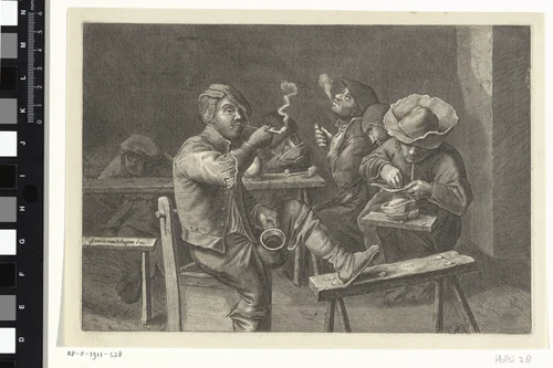 Rokende boeren rond een tafel by Gerrit Lucasz van Schagen, print, 1656-1690
