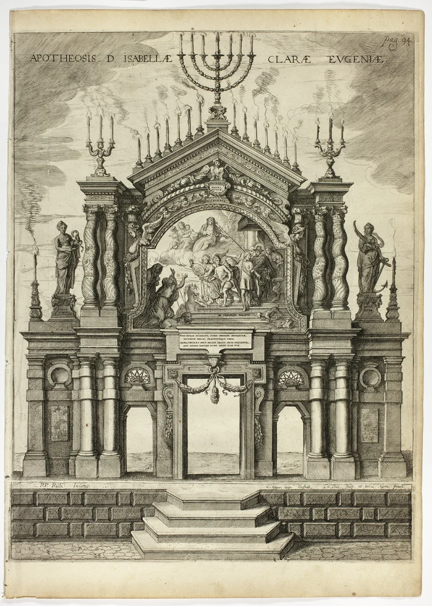 Stage in Memory of Isabella Clara Eugenia, plate 24 from Casperius Gevartius, Pompa Introitus Honori Serenissimi Principis Ferdinandi (Triumphal Entry of the Most Serene and Honorable Cardinal-Infante Ferdinand) by Theodoor van Thulden, print, 1642