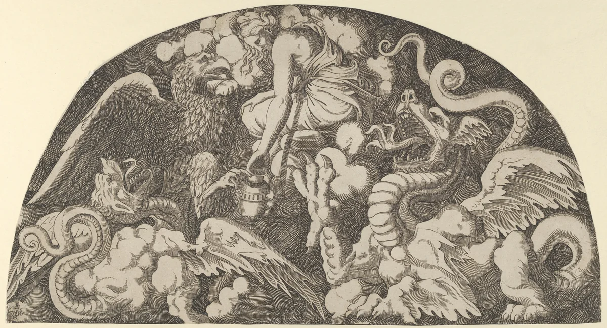 Jupiter's Eagle Bringing Water of the Styx to Psyche by Léon Davent, print, 1540-1556