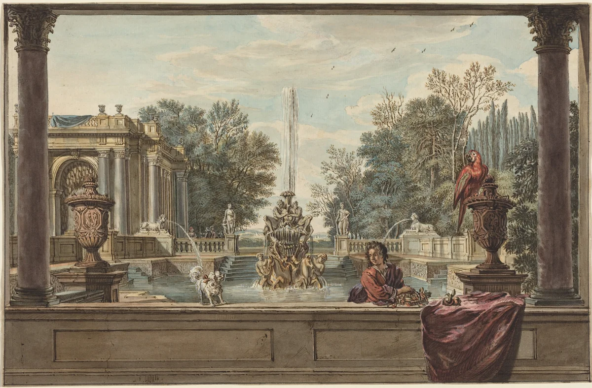 An Italianate Garden with a Parrot, a Poodle, and a Man by Isaac de Moucheron, drawing, 1730-1740
