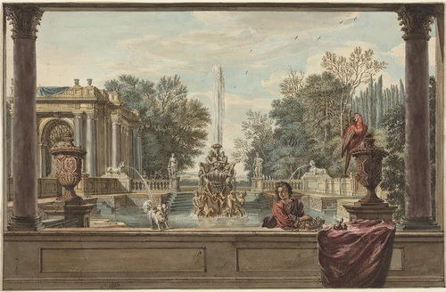 An Italianate Garden with a Parrot, a Poodle, and a Man by Isaac de Moucheron, drawing, 1730-1740