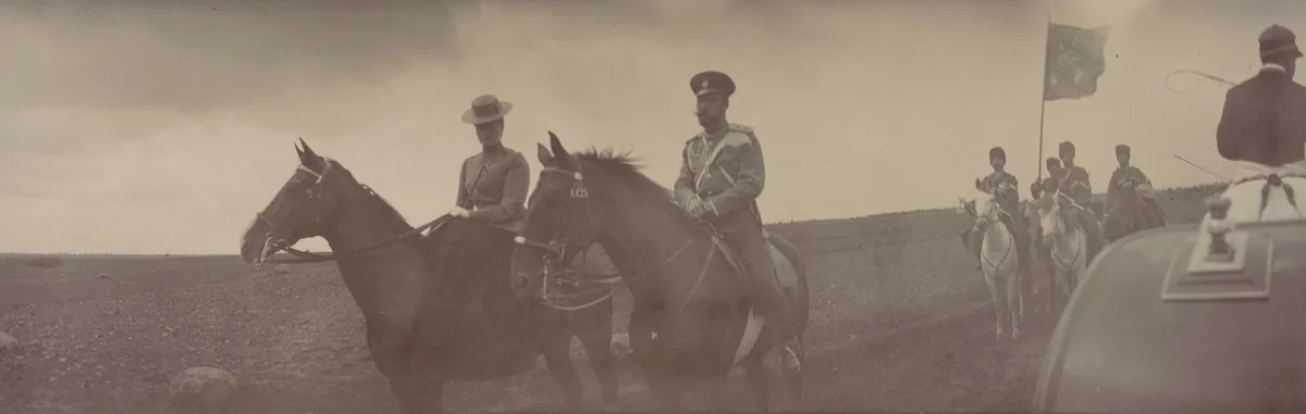 Empress Alexandra Feodorovna and Emperor Nicholas II on Horseback, with Carriage Passing, Ropsha by Unidentified Photographer, photograph, 1907