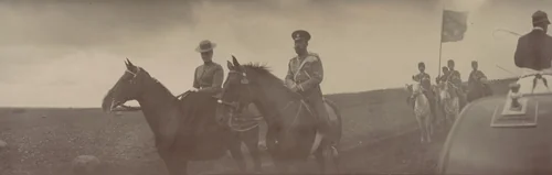 Empress Alexandra Feodorovna and Emperor Nicholas II on Horseback, with Carriage Passing, Ropsha by Unidentified Photographer, photograph, 1907