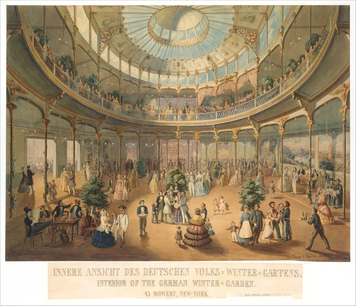 Innere Ansicht des Deutschen Volks Winter Gartens. IInterior of the German Winter Garden. 45 Bowery, New York by Fritz Meyer, drawing, 1856