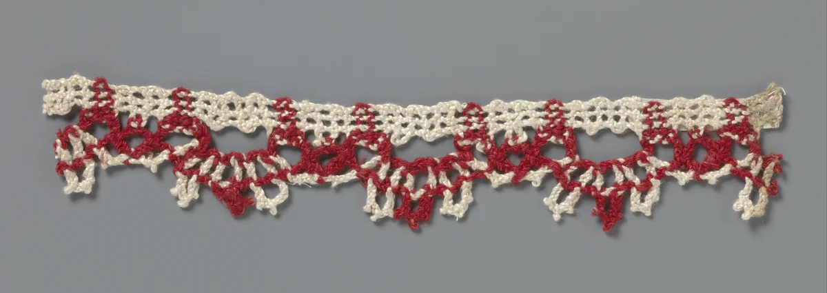 Strook grove kloskant met witte en rode draden by anonymous, other, 1850-1899