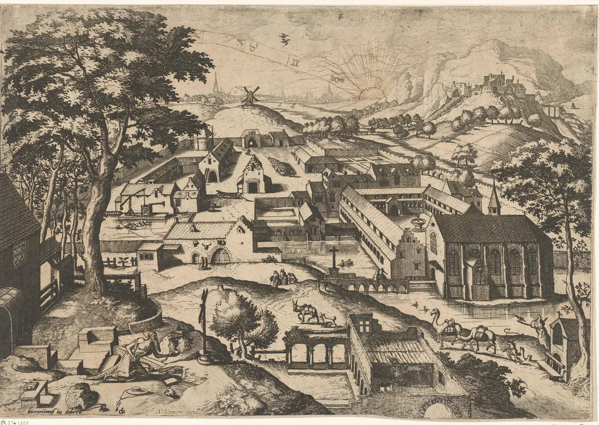 Landschap met de heilige Hieronymus by Johannes of Lucas van Doetechum, print, 1610-1652