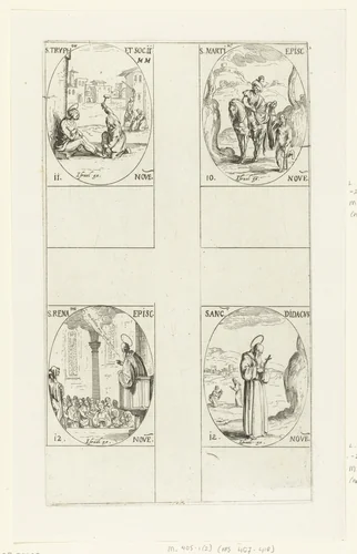 Heilige Martinus van Tours, Heilige Tryphon van Cattaro en gezellen, Heilige Renatus van Angers, Heilige Didacus van Alcalá (10-12 november) by Jacques Callot, print, 1632-1636