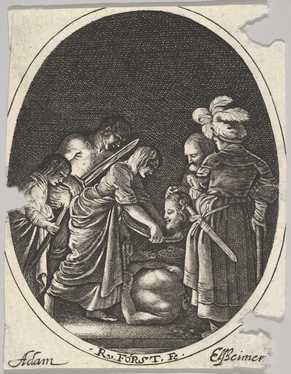 Salome receiving the head of John the Baptist, surrounded by three men and a child bearing a torch, the Baptist's body lies on the ground by Hendrick Goudt, print, 1610