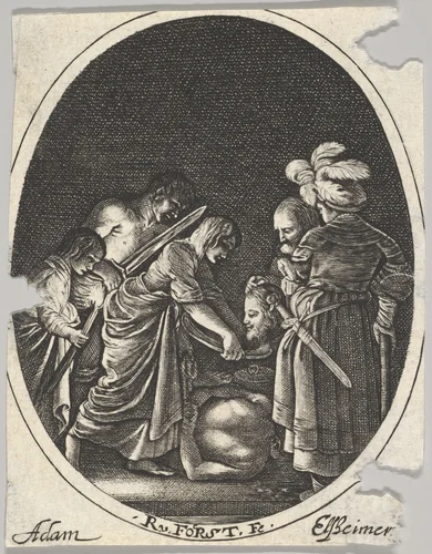 Salome receiving the head of John the Baptist, surrounded by three men and a child bearing a torch, the Baptist's body lies on the ground by Hendrick Goudt, print, 1610