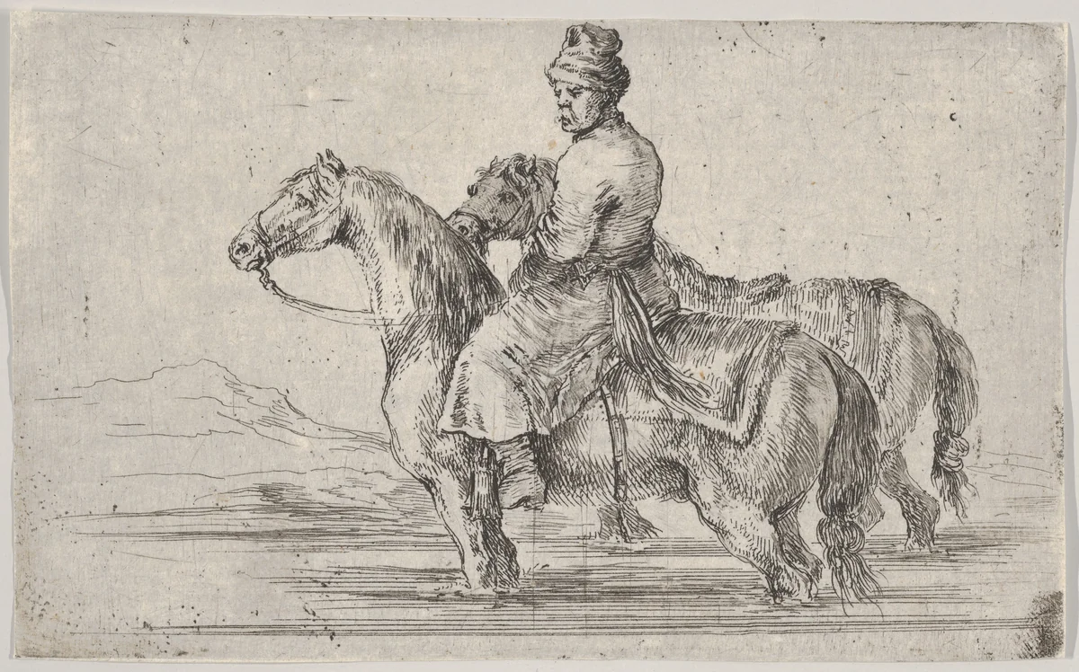 A valet taking two horses to bathe, sitting atop one horse in a river, the other beside him to right by Stefano della Bella, print, 1660-1664